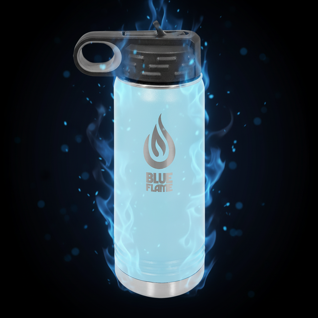 Light blue insulated bottle with black lid on a white background