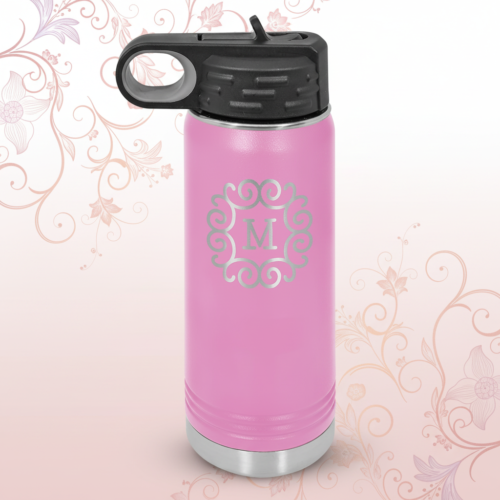 Pink insulated bottle with monogram on a white background