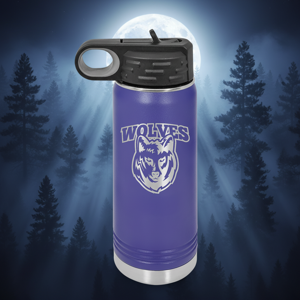 Purple insulated bottle with wolf logo on a white background