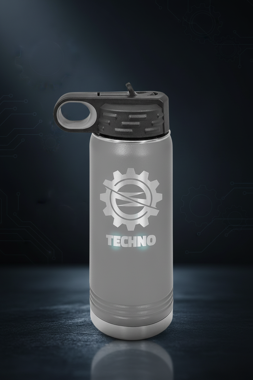 Gray insulated bottle with black lid and 'TECHNO' logo on a white background