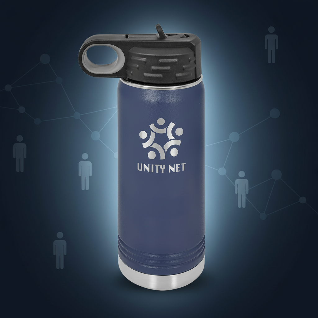 Navy blue insulated bottle with black lid featuring 'Unity Net' logo on a white background