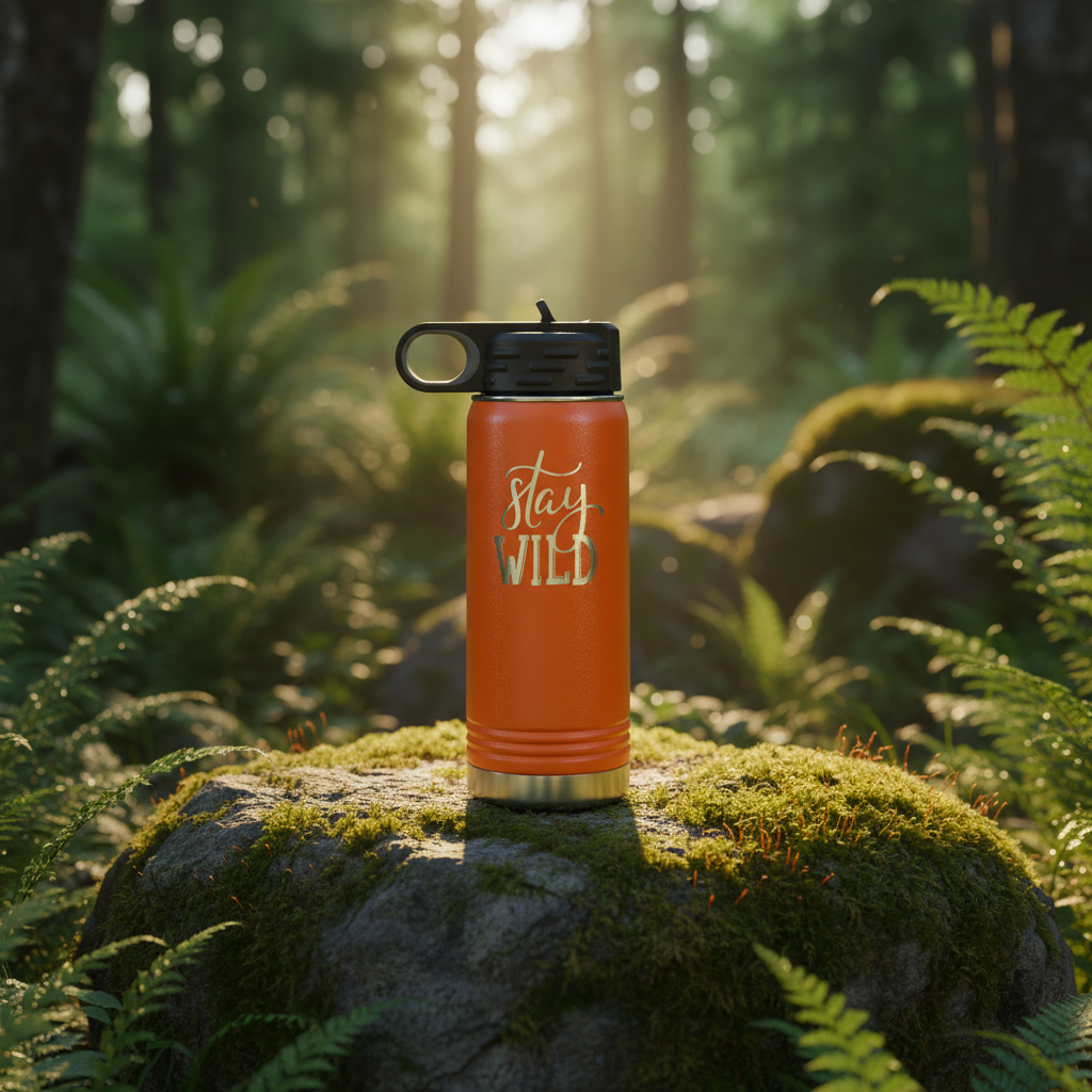 Orange insulated bottle with 'Stay Wild' text on a white background