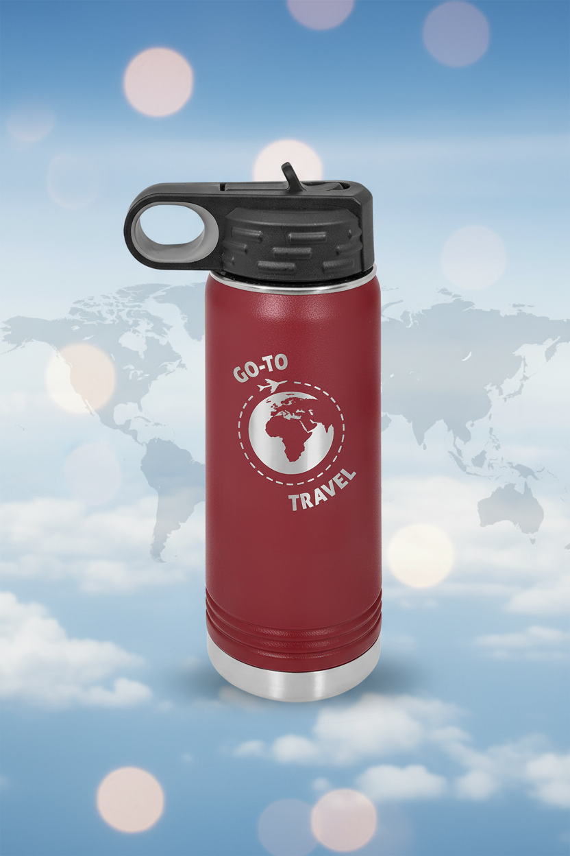 Red insulated bottle with black lid and 'Go-To Travel' logo on a white background