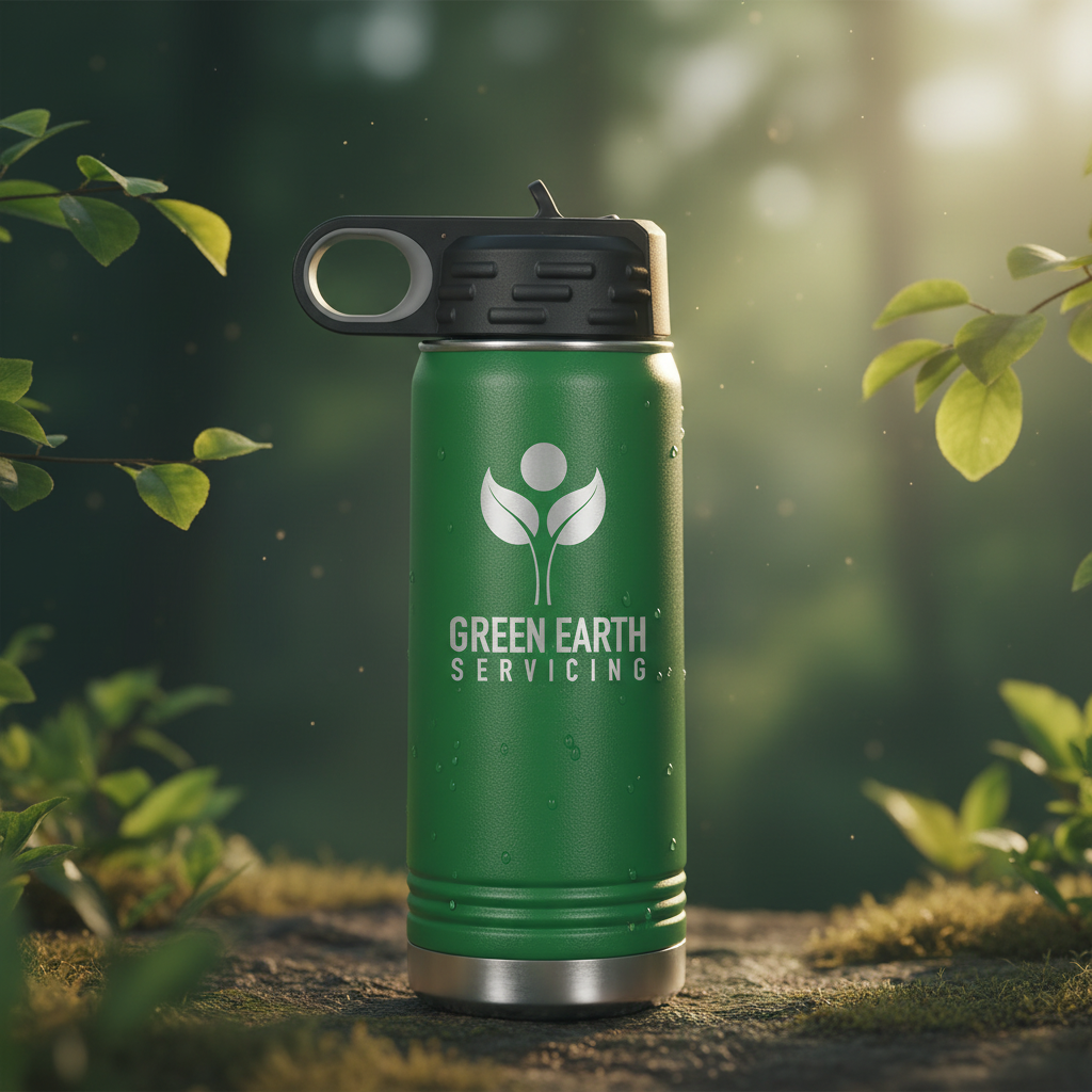 Green insulated bottle with 'Green Earth Servicing' logo on a white background