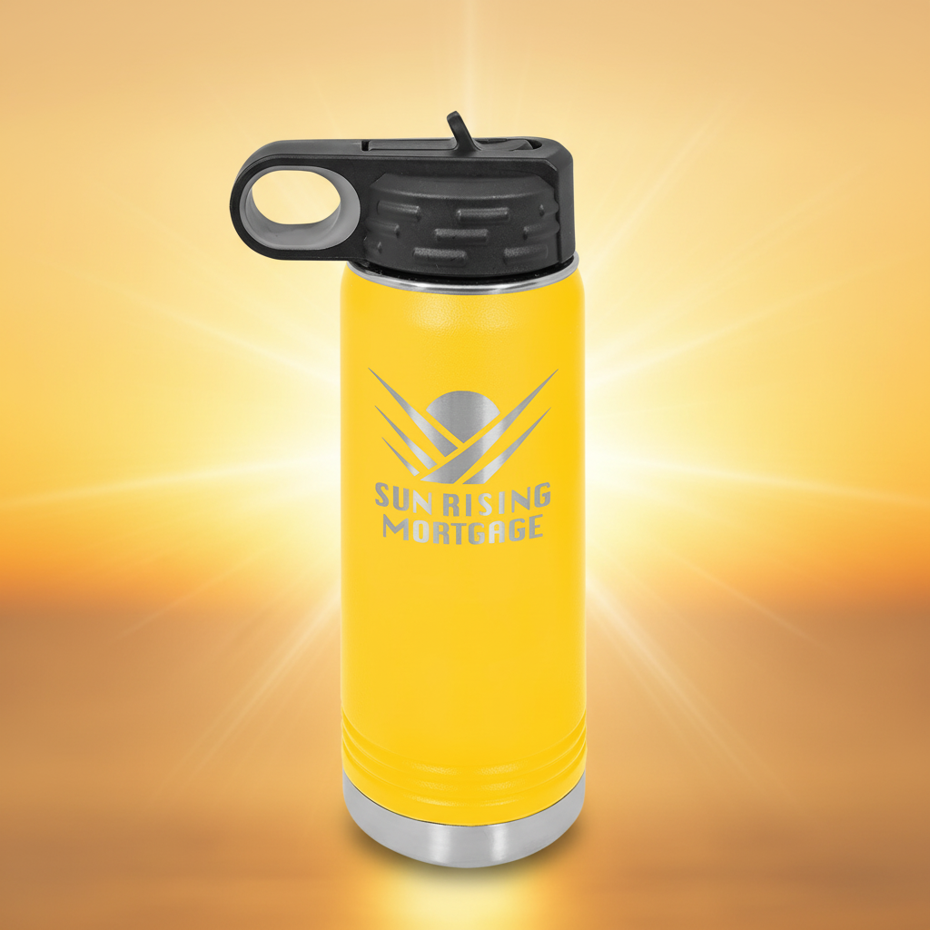 Yellow insulated mug with black lid featuring 'Sun Rising Mortgage' logo on a white background