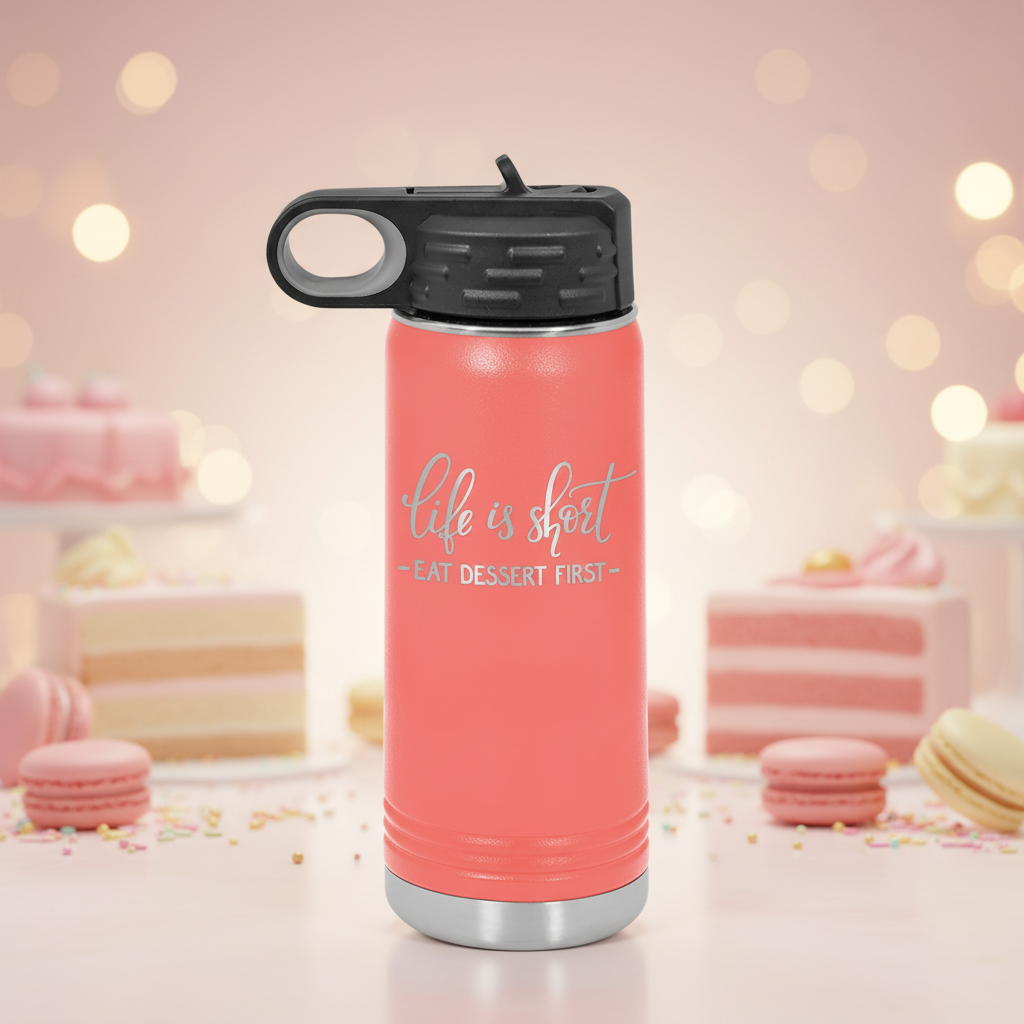 Coral insulated tumbler with black lid and motivational quote on a white background