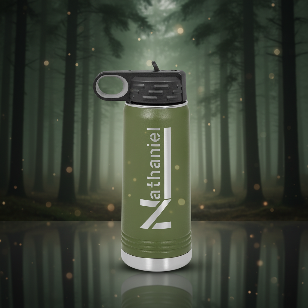 Green insulated bottle with Nathaniel logo on a white background