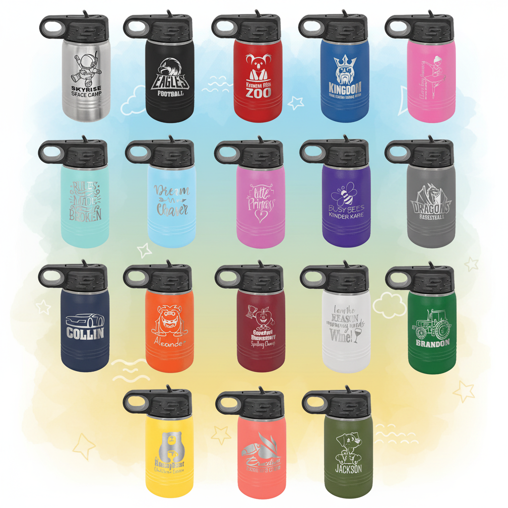 Collection of personalized water bottles with various designs and colors on a transparent background