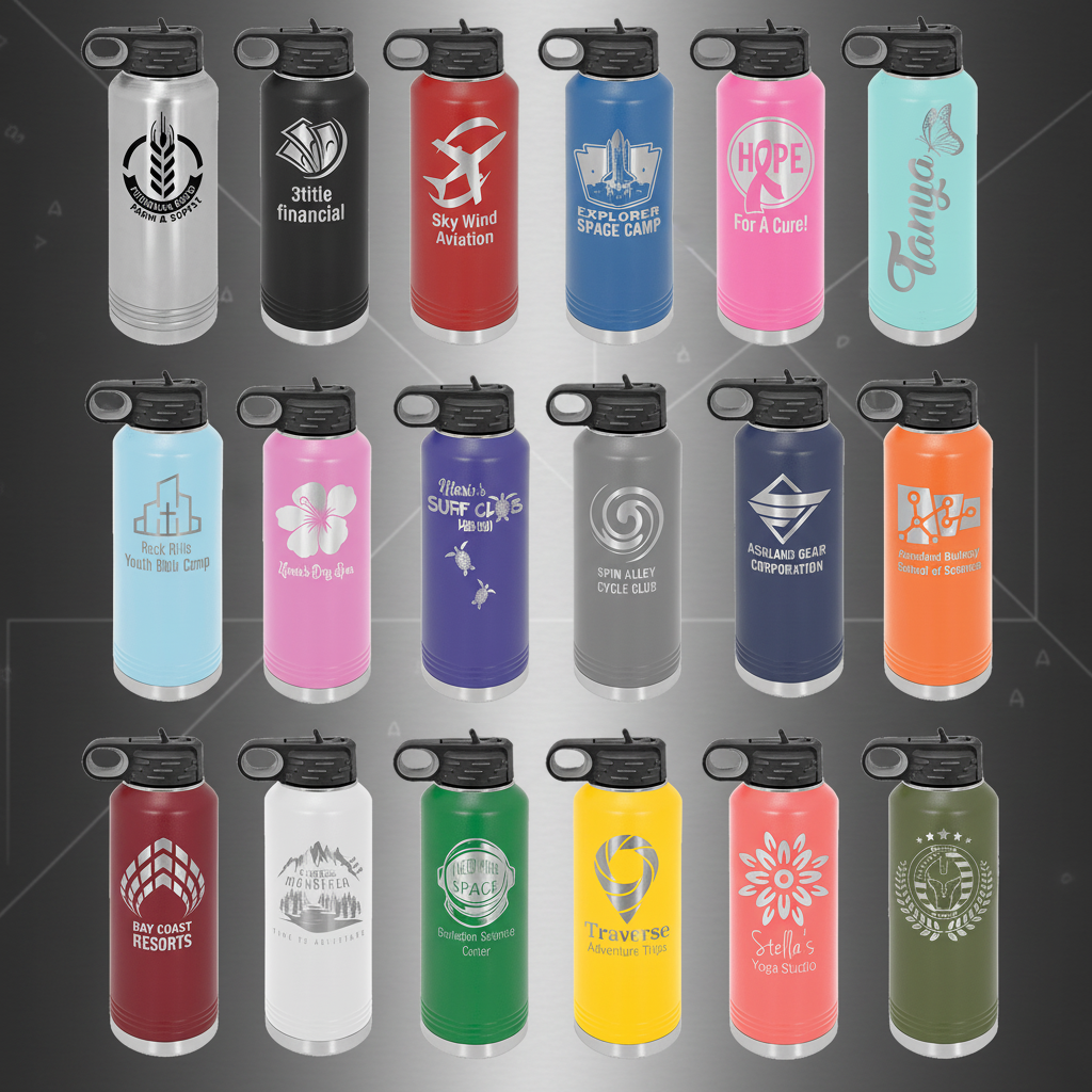 Collection of 20 branded water bottles in various colors with different designs.