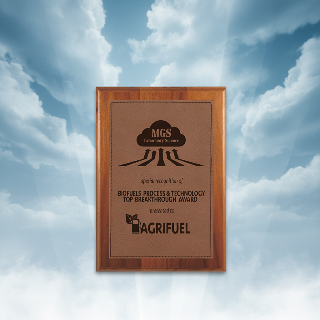 Plaque with MGS Laboratory Science logo and text about biofuels process and technology award, on a light blue background.