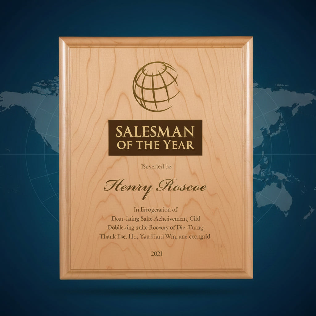 Wooden plaque with 'Salesman of the Year' award text on a gray background