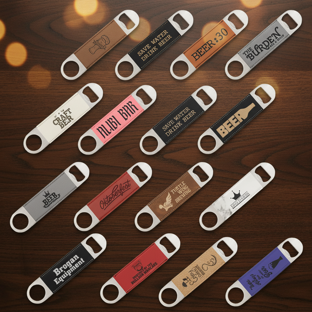 Collection of various bottle openers with different designs and text on a green background