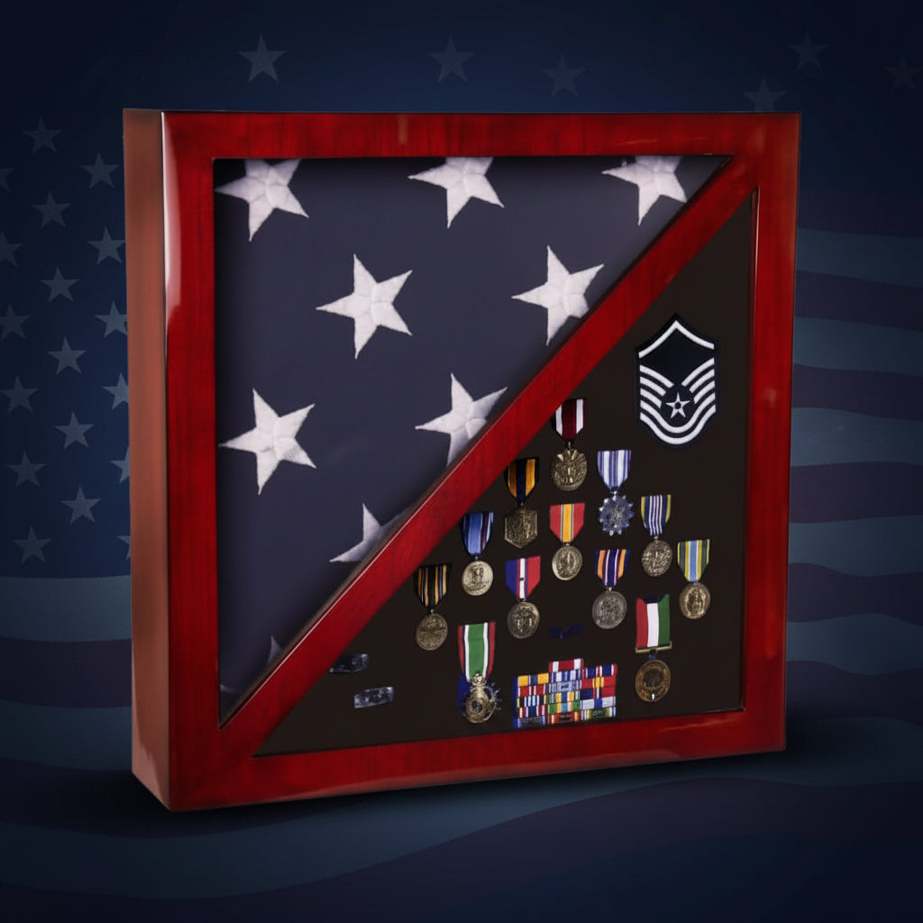 Rosewood Piano Finish Flag & Memorabilia Display Case