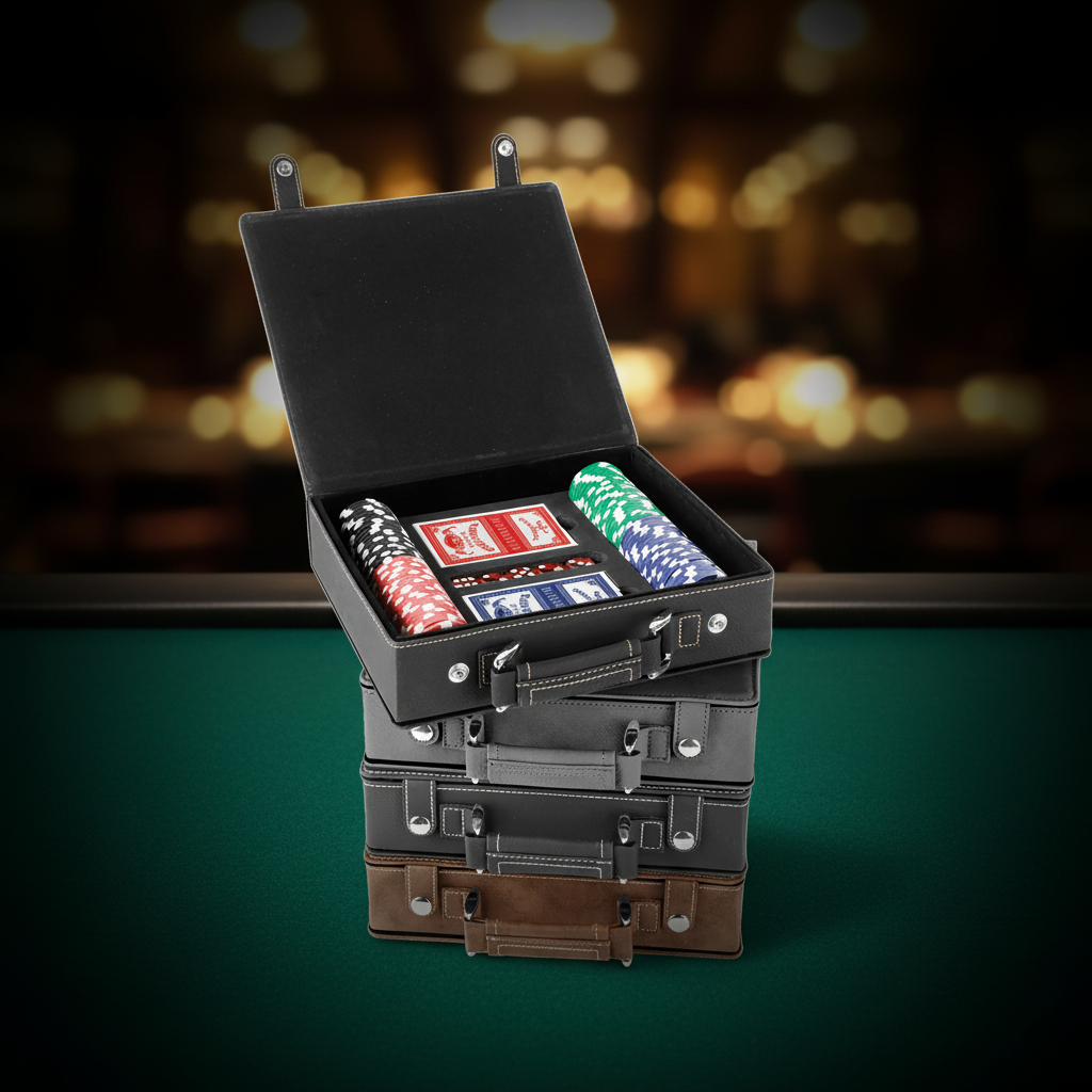 Black travel case with poker chips, cards, and dice on a transparent background