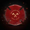 Red fire department shield with 'Fire Academy Graduate Charles Keller' engraving on a transparent background