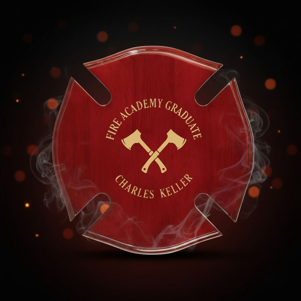 Red fire department shield with 'Fire Academy Graduate Charles Keller' engraving on a transparent background