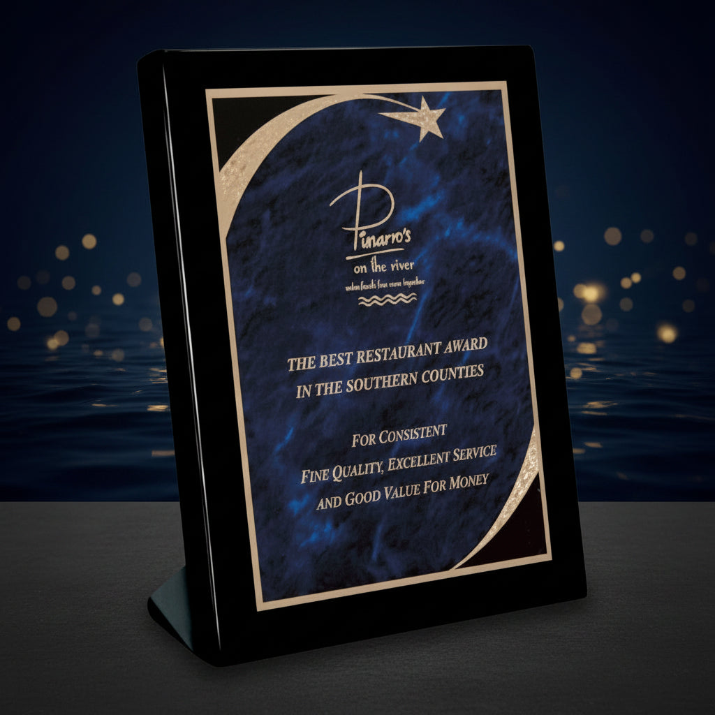 Plaque with text on a blue background