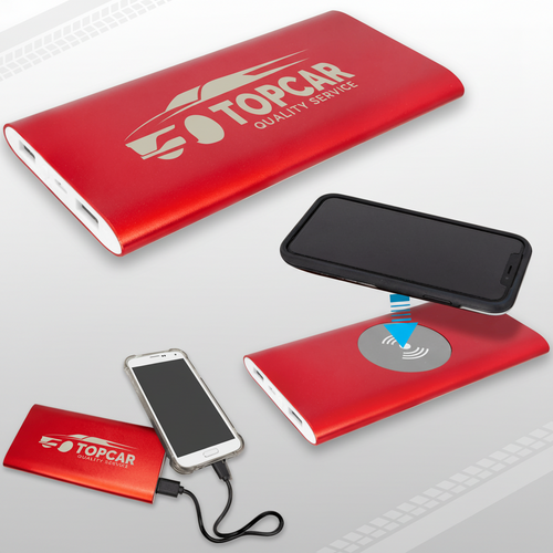 Red 8000MAH Power Bank & Wireless Anodized Aluminum Charger with Power Cord