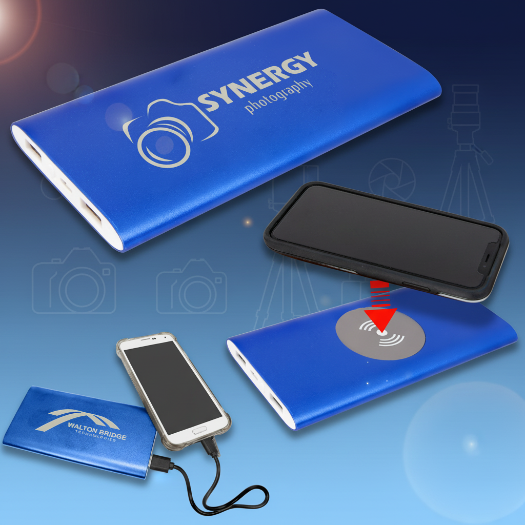 Blue 8000MAH Power Bank & Wireless Anodized Aluminum Charger with USB  Pow er Cord