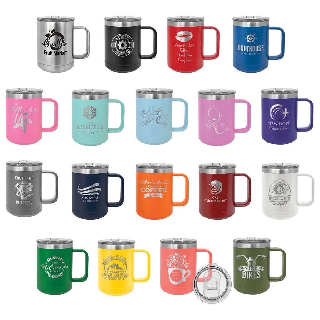 Collection of insulated mugs in various colors with different designs and text.