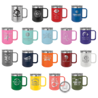 Collection of insulated mugs in various colors with different designs and text.