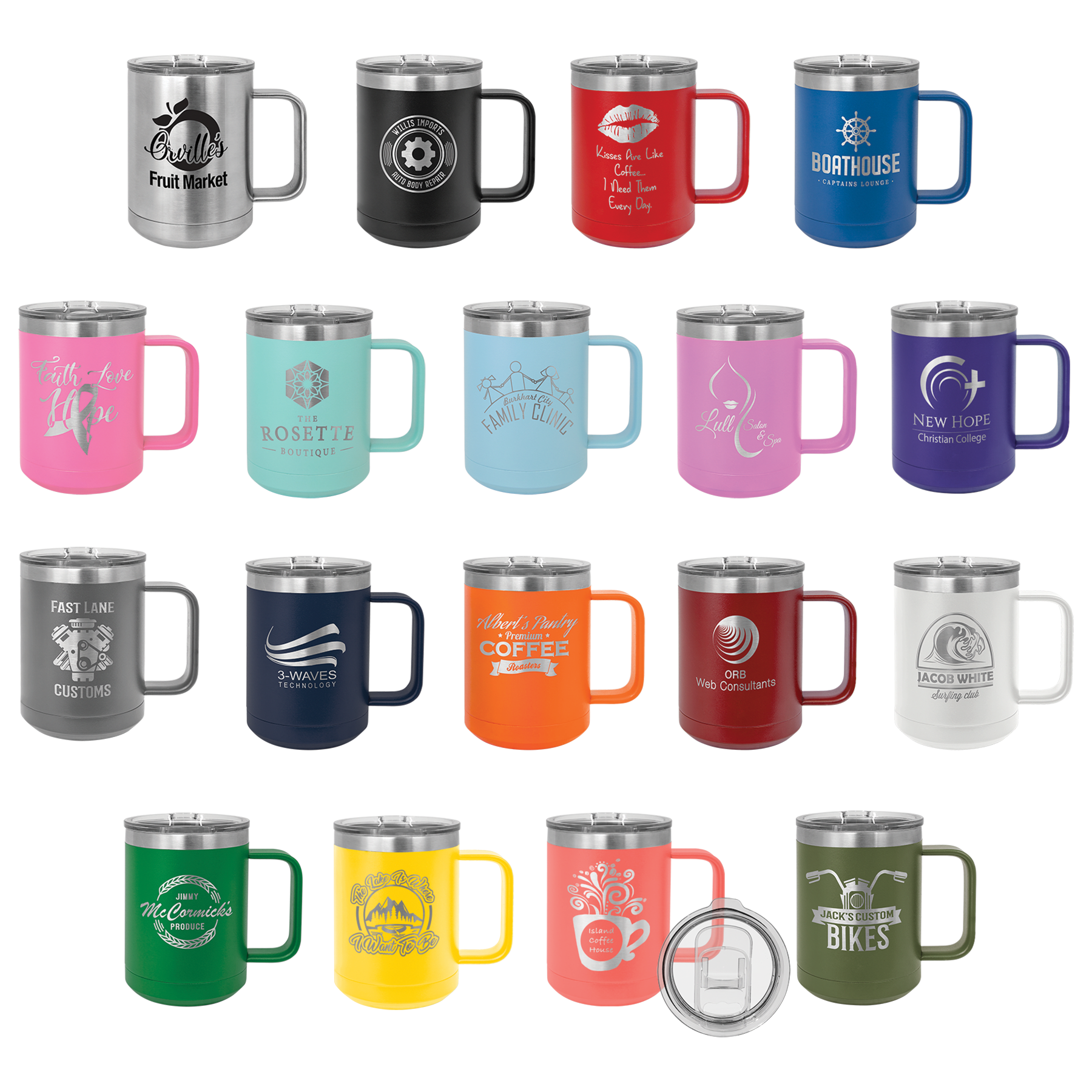 Collection of insulated mugs in various colors with different designs and text.