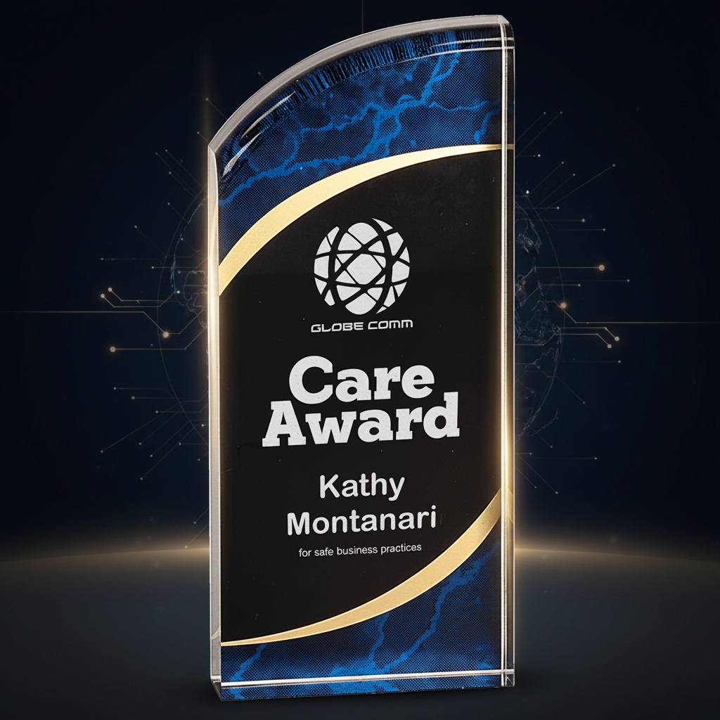 Care Award plaque for Kathy Montanari with Globe Comm logo on a blue and black background