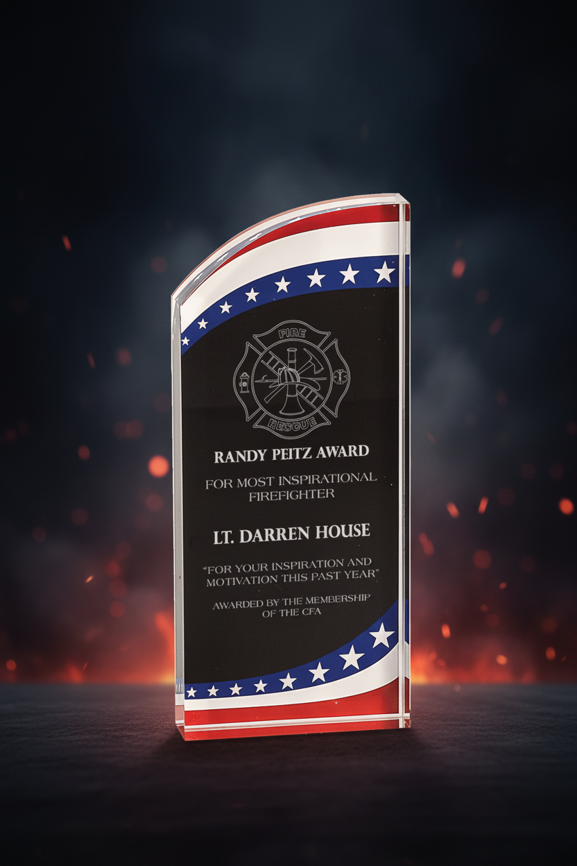 Firefighter award with American flag design on a clear background