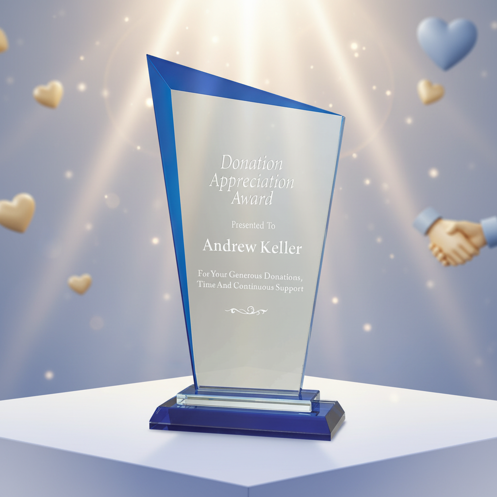 Donation appreciation award with blue base and clear plaque on a green background