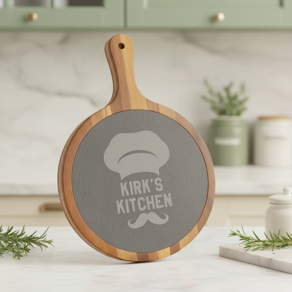 10 1/2" x 14 1/2" Round Acacia Wood/Slate Serving Board with Handle