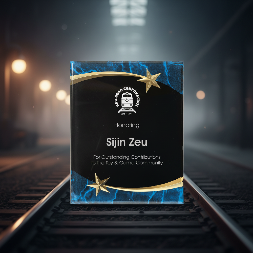 Awards plaque with a star design on a blue and gold border, honoring Sijin Zeu for contributions to the toy and game community.