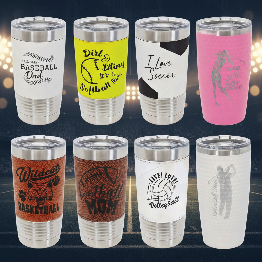 Set of stainless steel tumblers with various sports-themed designs on a white background
