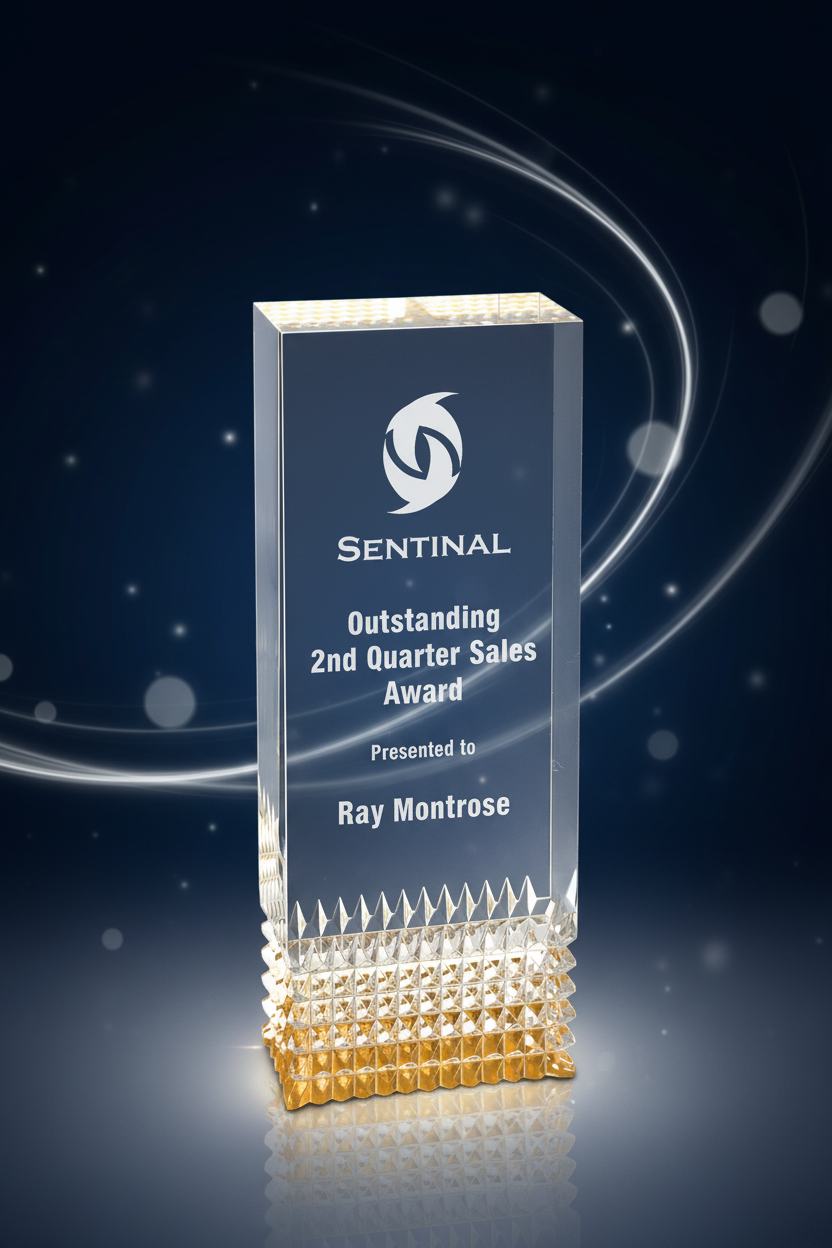 Crystal award with 'Sentinal' branding and text on a green background