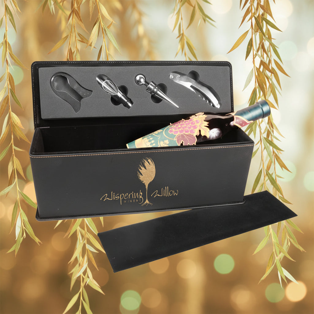 Black/Gold Laserable Leatherette Single Wine Box with Tools