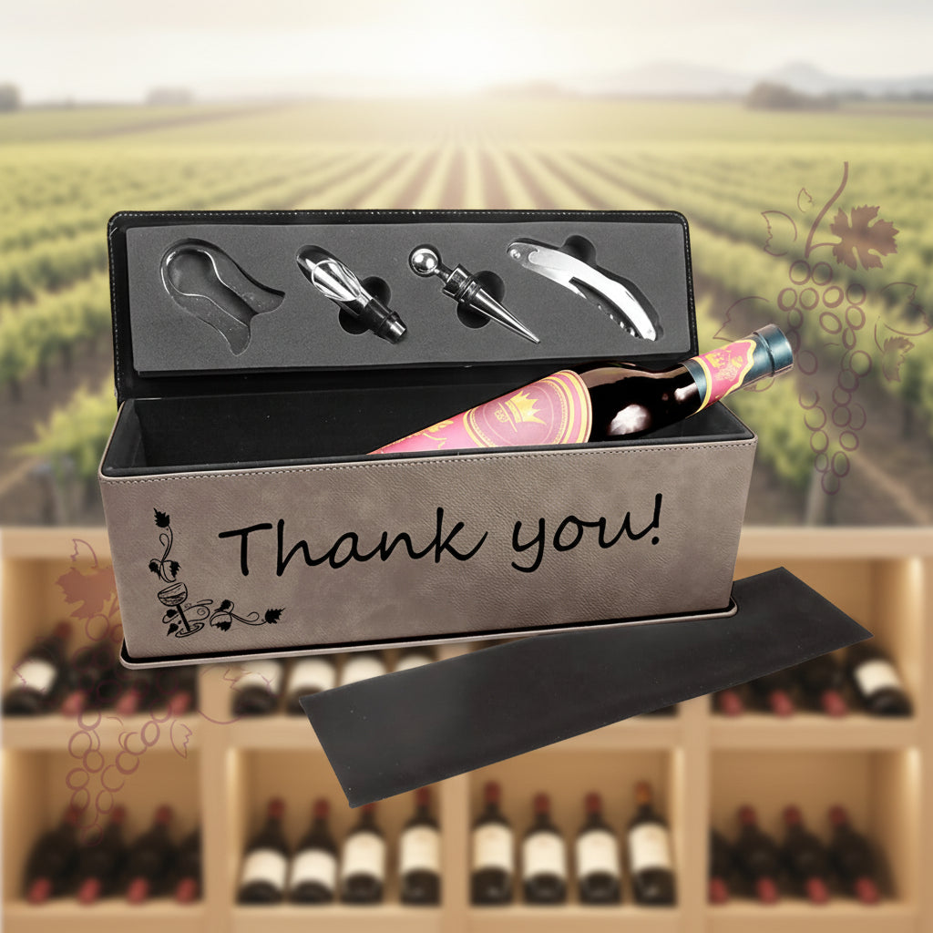 Gray Laserable Leatherette Single Wine Box with Tools