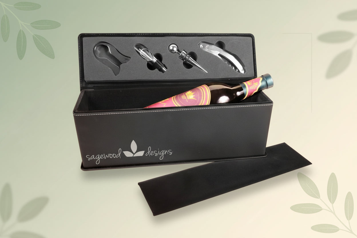 Black/Silver Laserable Leatherette Single Wine Box with Tools