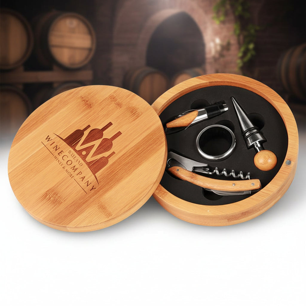 6 1/4" Round Bamboo 4-Piece Wine Tool Set