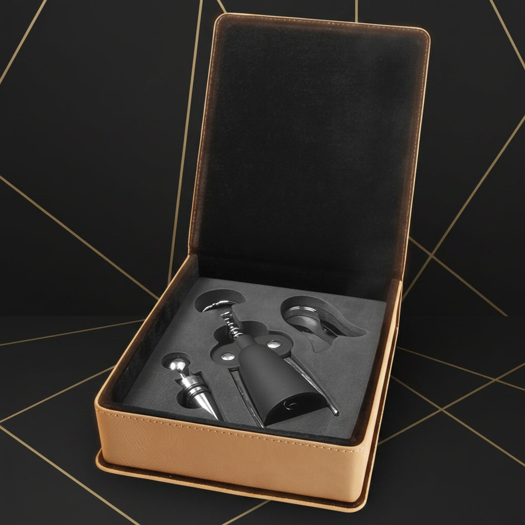 Light Brown Laserable Leatherette 3-Piece Wine Tool Gift Set