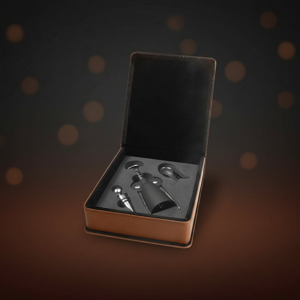 Dark Brown Laserable Leatherette 3-Piece Wine Tool Gift Set
