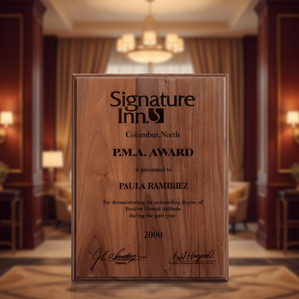 Wooden plaque with engraved text and 'Signature Inn' logo