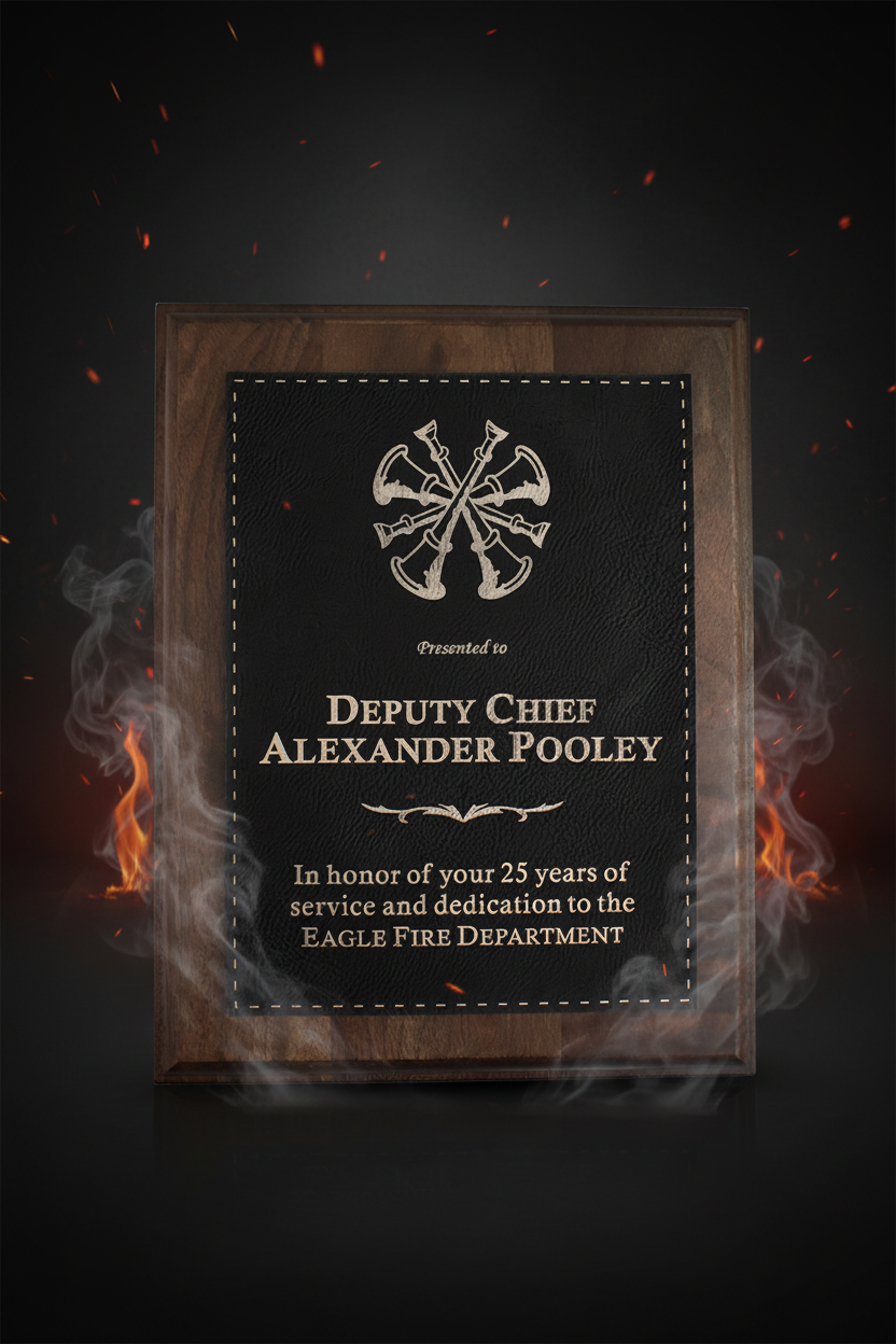 Plaque honoring Deputy Chief Alexander Pooley with a wooden frame